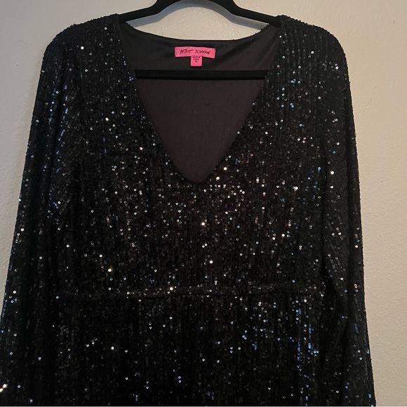 Betsey Johnson Black Sequin Long Sleeve Stretch long Dress Sz M - Picture 3 of 5